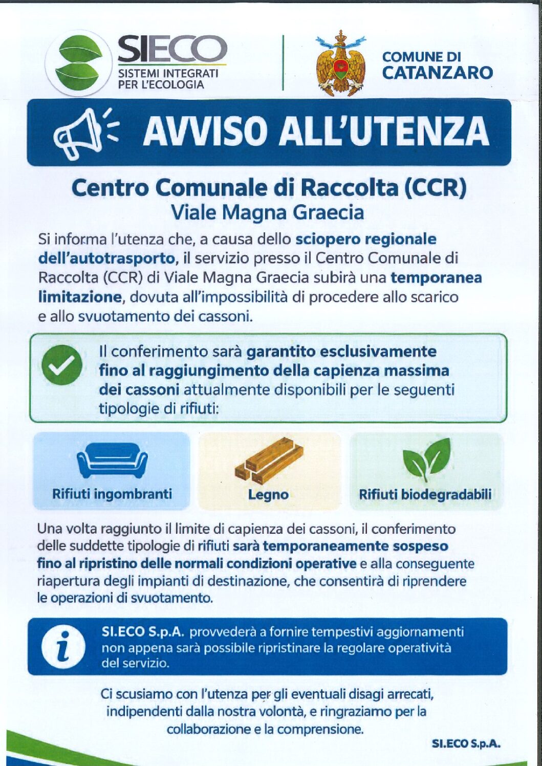 Centro Comunale di Raccolta – AVVISO ALL’UTENZA